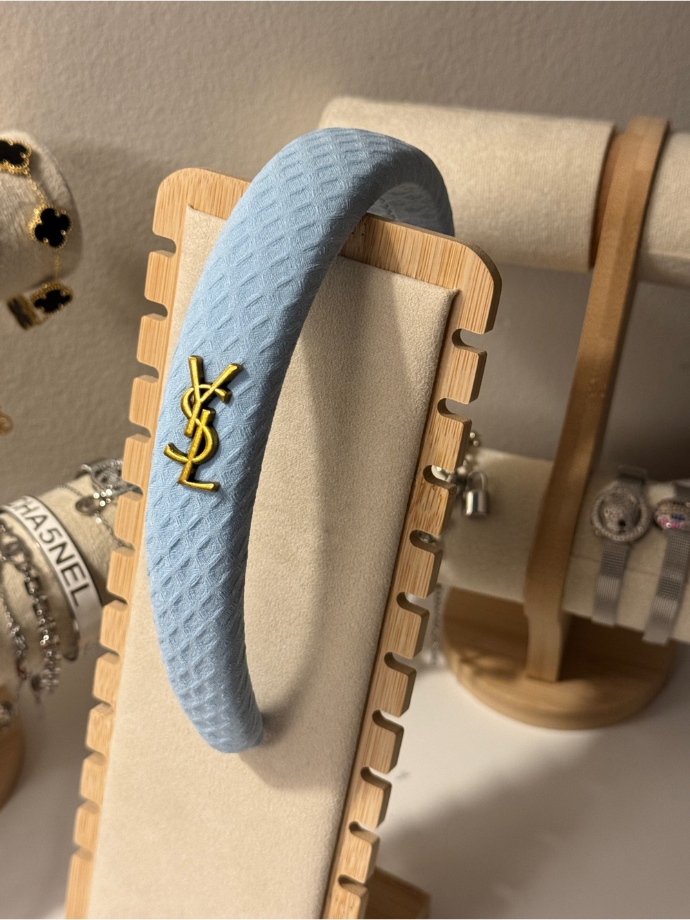 Light Blue Padded Headband with Gold Logo